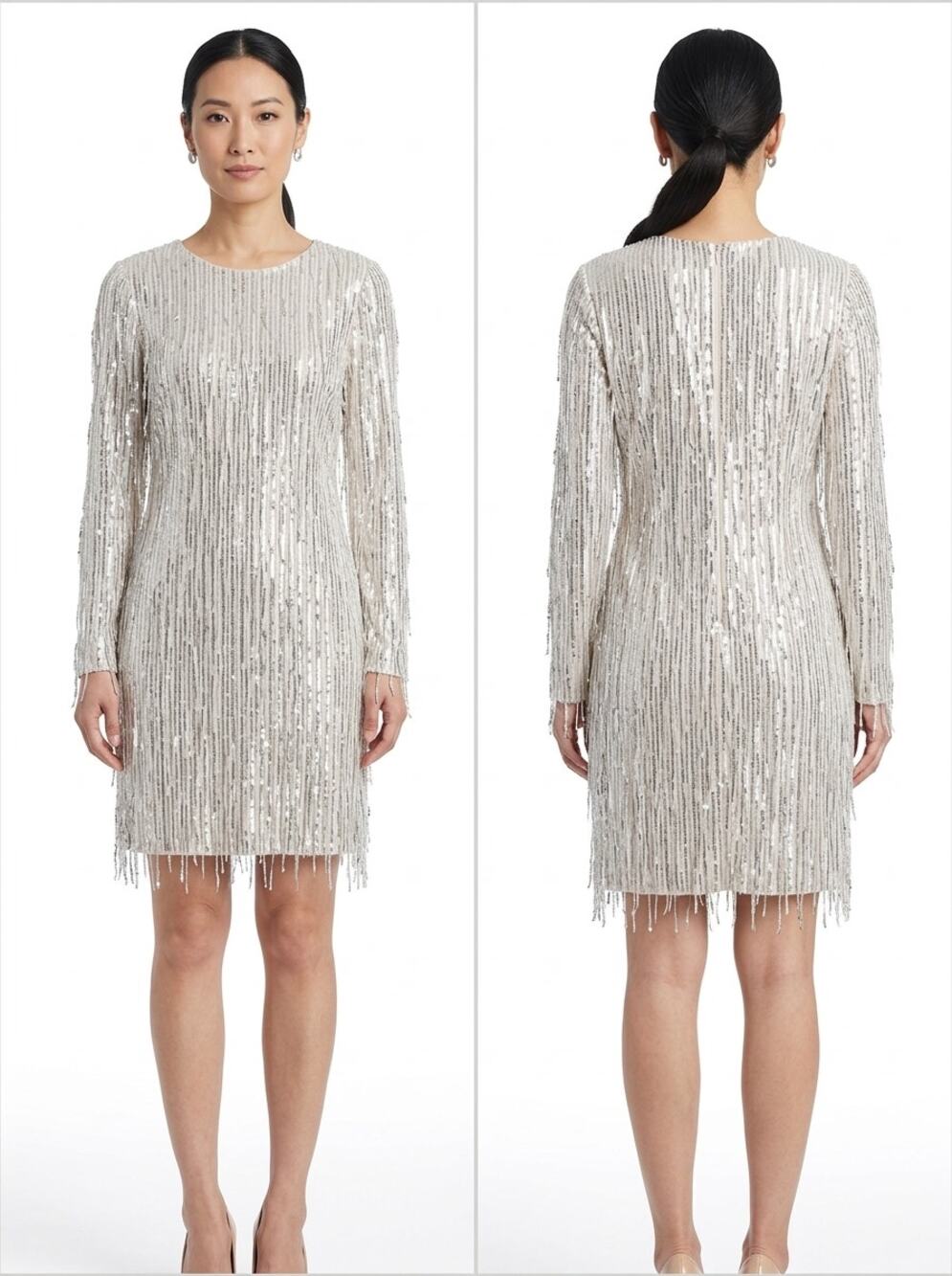 Eliza J Silver Sequin Fringe Long Sleeve Sheath Dress Women Size 10